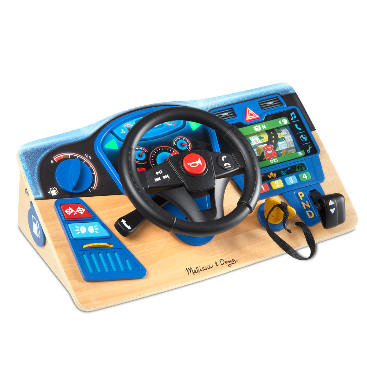 Melissa & Doug Vroom & Zoom Interactive Driving Dashboard with black steering wheel and blue controls