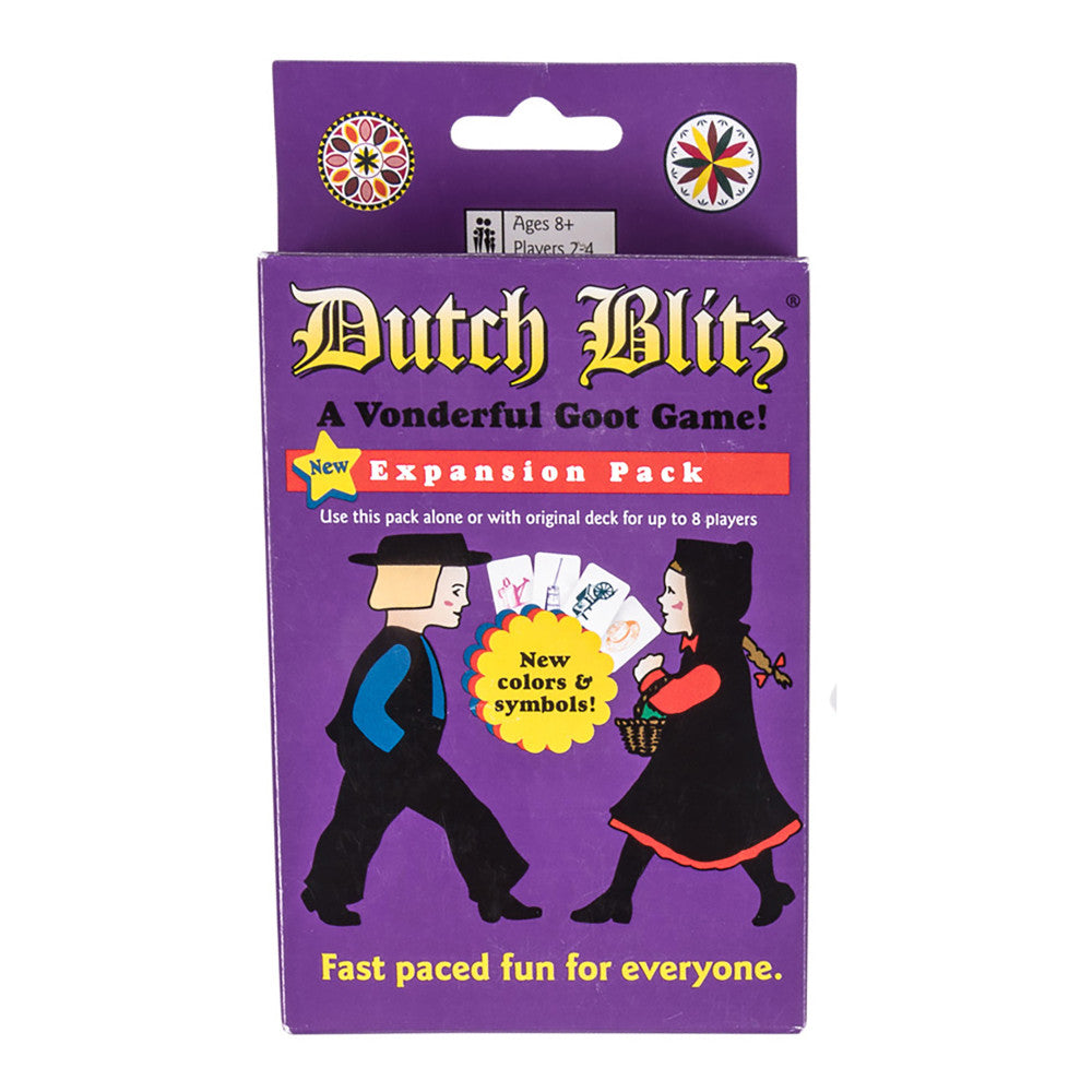 Dutch Blitz Purple Expansion Pack box showing game title, ages 8+, two illustrated players with cards, and text 'A Wonderful Goot Game' and 'Fast paced fun for