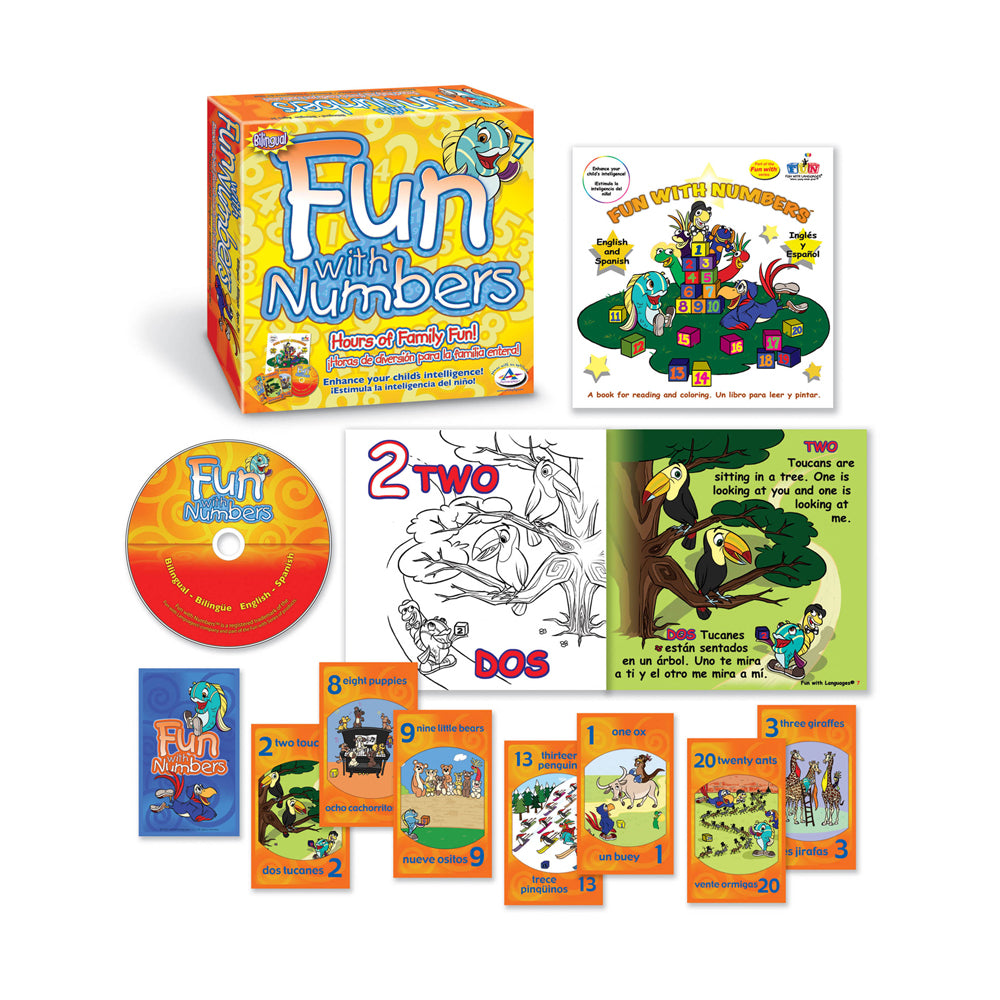 Fun with Numbers bilingual educational game set including box, CD, activity book, coloring pages, and numbered cards featuring animals and counting exercises