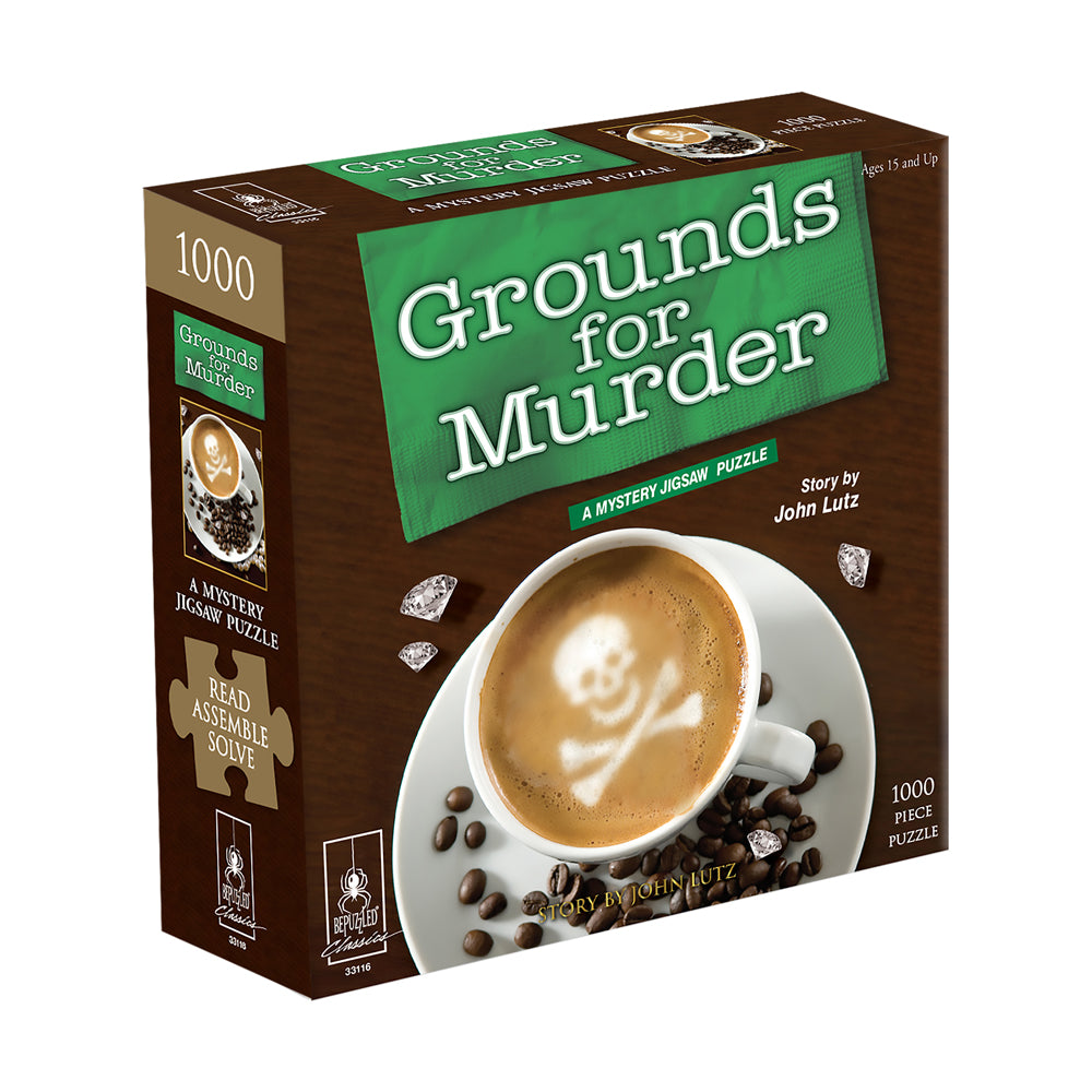 Grounds for Murder mystery jigsaw puzzle box, 1000 pieces, featuring coffee cup with latte art and coffee beans on brown packaging