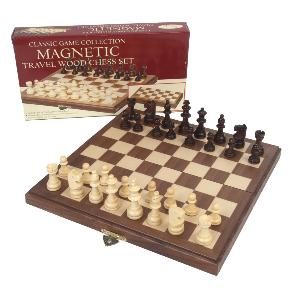 Magnetic travel wood chess set with walnut board, cream and dark brown pieces arranged in starting position, shown with red Classic Game Collection box
