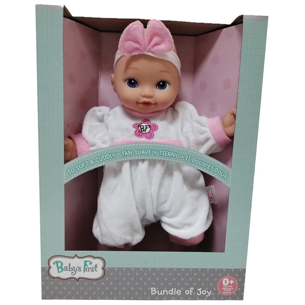 Baby's First Bundle of Joy doll in packaging, wearing white outfit with pink bow headband and striped pink jumper