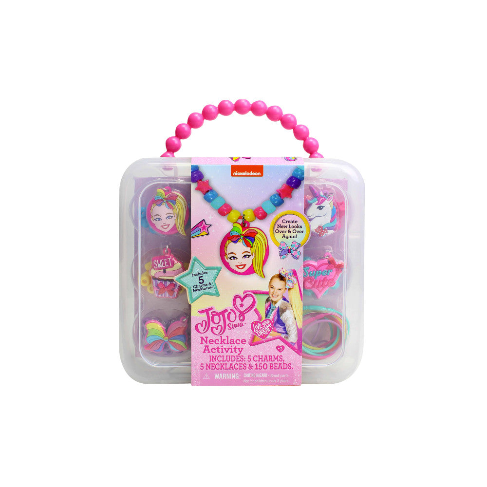 JoJo Siwa necklace activity set in clear case with pink beaded handle, includes charms, beads, and necklaces for DIY jewelry making