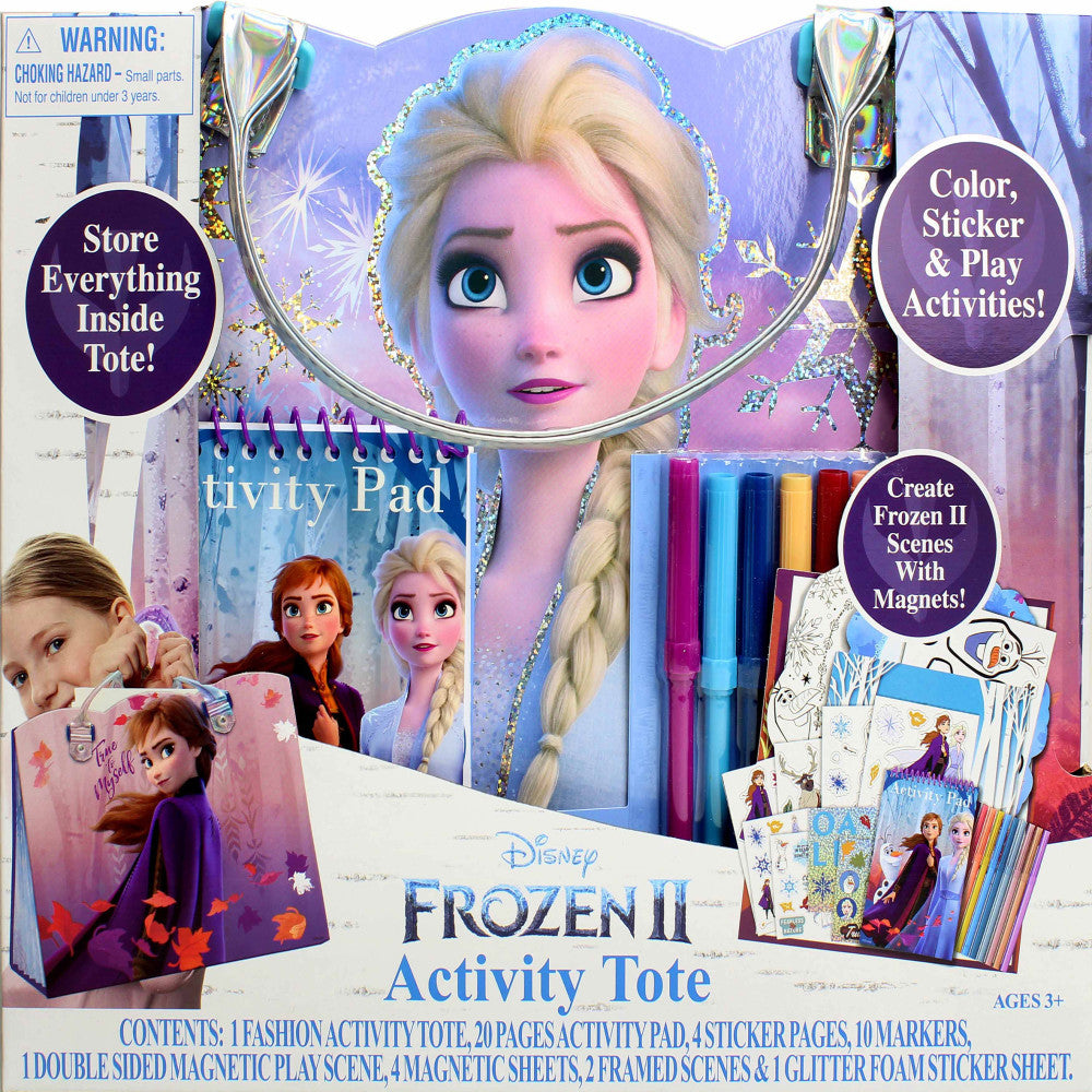 Disney Frozen II Activity Tote packaging featuring Elsa's face with braided blonde hair, purple glitter border, activity pad, markers, sticker pages, and magnet