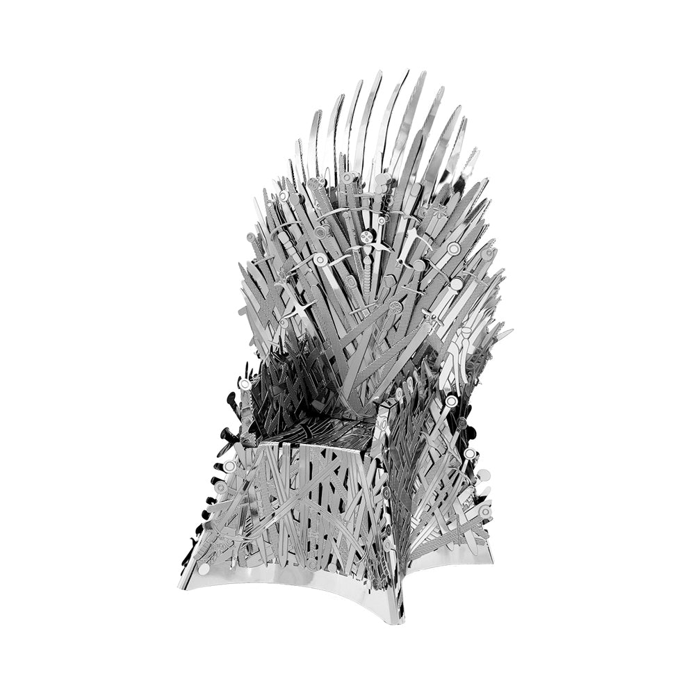 Fascinations Metal Earth ICONX Game of Thrones Iron Throne 3D metal model kit, silver detailed throne with interlocking blade pieces on plain background