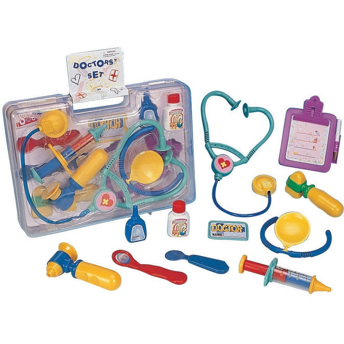 Doctor's case playset with yellow and blue stethoscopes, syringes, thermometer, reflex hammer, clipboard, and medical accessories on plain background