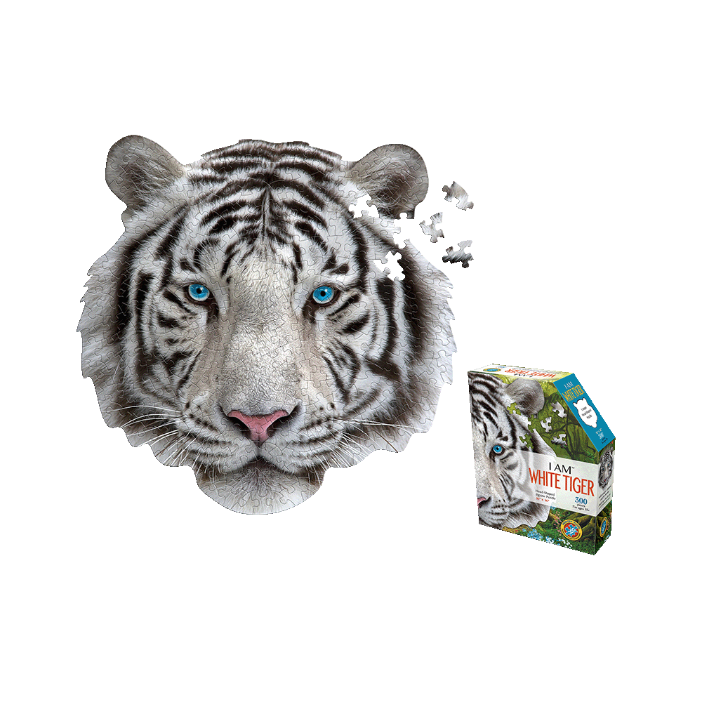 White tiger head-shaped jigsaw puzzle with blue eyes and scattered puzzle pieces, shown with product box labeled I AM WHITE TIGER 300 pc