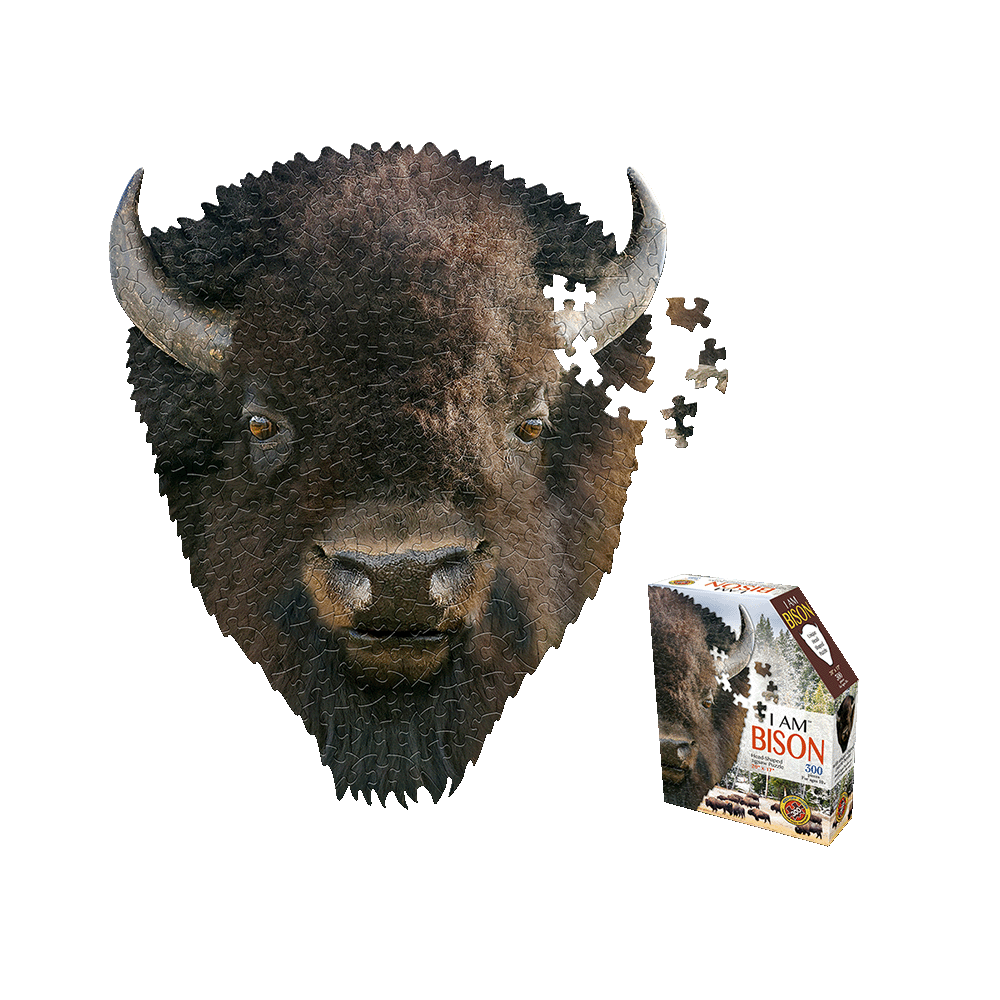 Madd Capp I AM BISON 300-piece jigsaw puzzle shaped like a bison head with horns, shown assembled and partially assembled with loose pieces, alongside product b