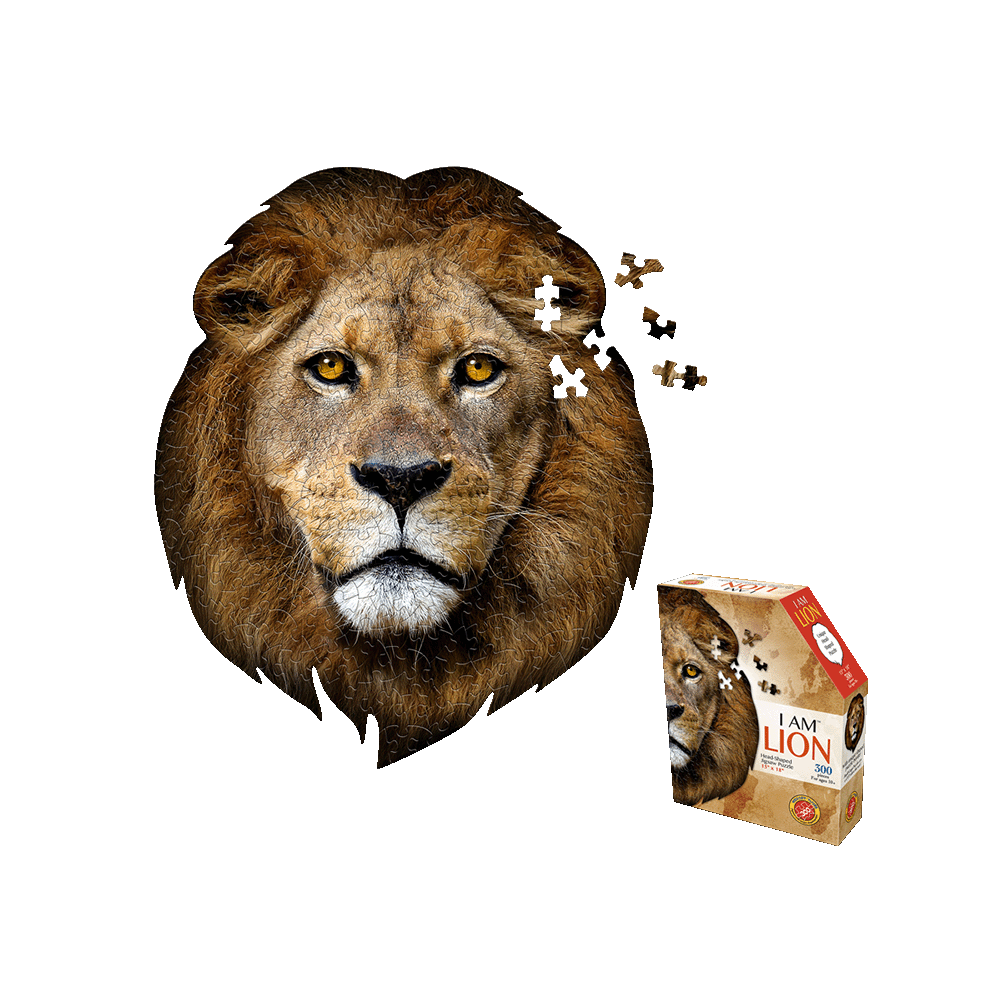 Lion-shaped 300-piece jigsaw puzzle with realistic lion head and scattered puzzle pieces, shown with product box labeled 'I AM LION'