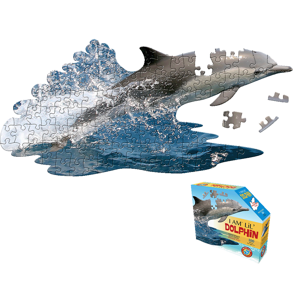 I AM Lil' Dolphin 100-piece jigsaw puzzle displayed completed in dolphin shape with loose pieces and original box shown