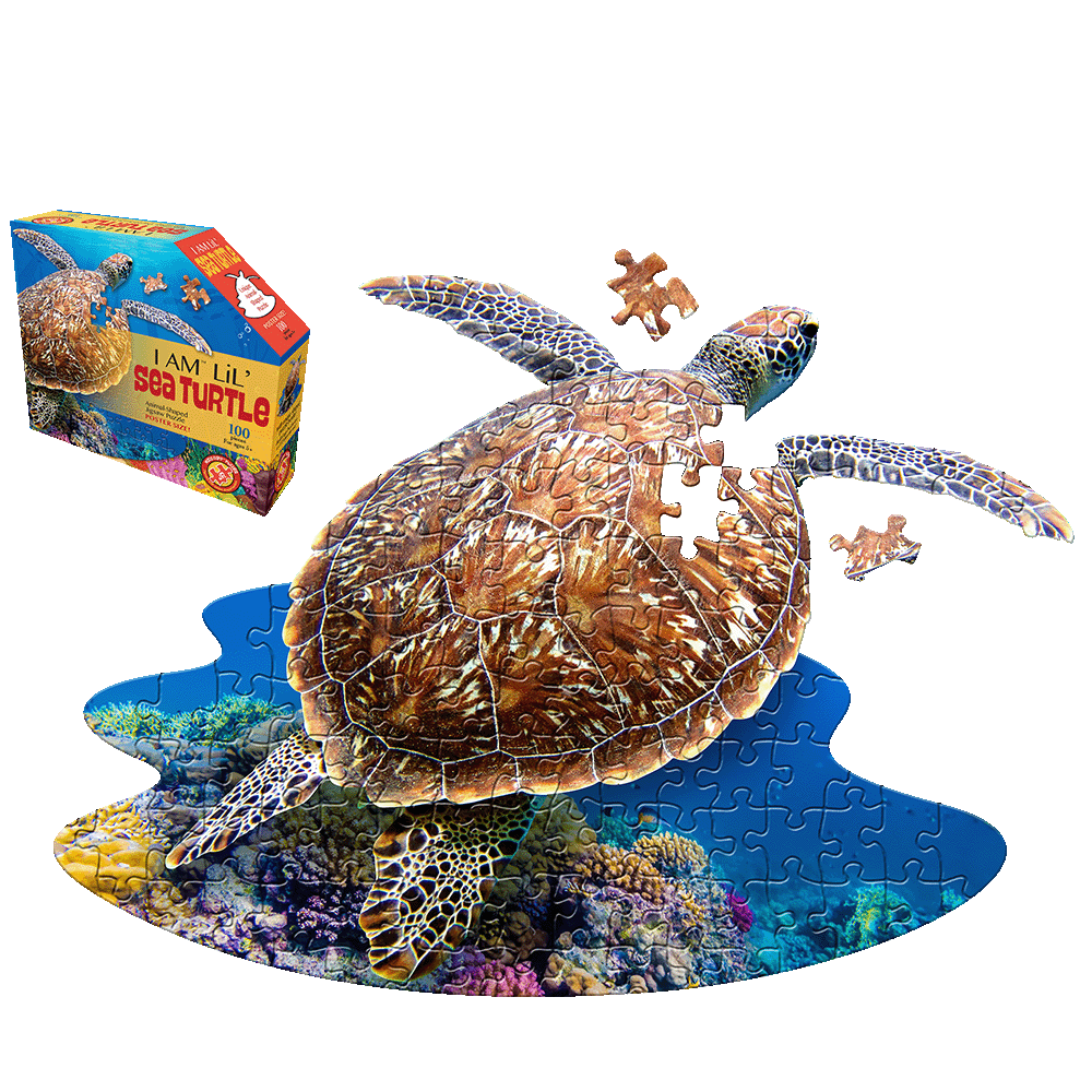 I AM LiL' Sea Turtle 100-piece jigsaw puzzle featuring sea turtle-shaped pieces with ocean and coral reef imagery, shown assembled and partially disassembled wi