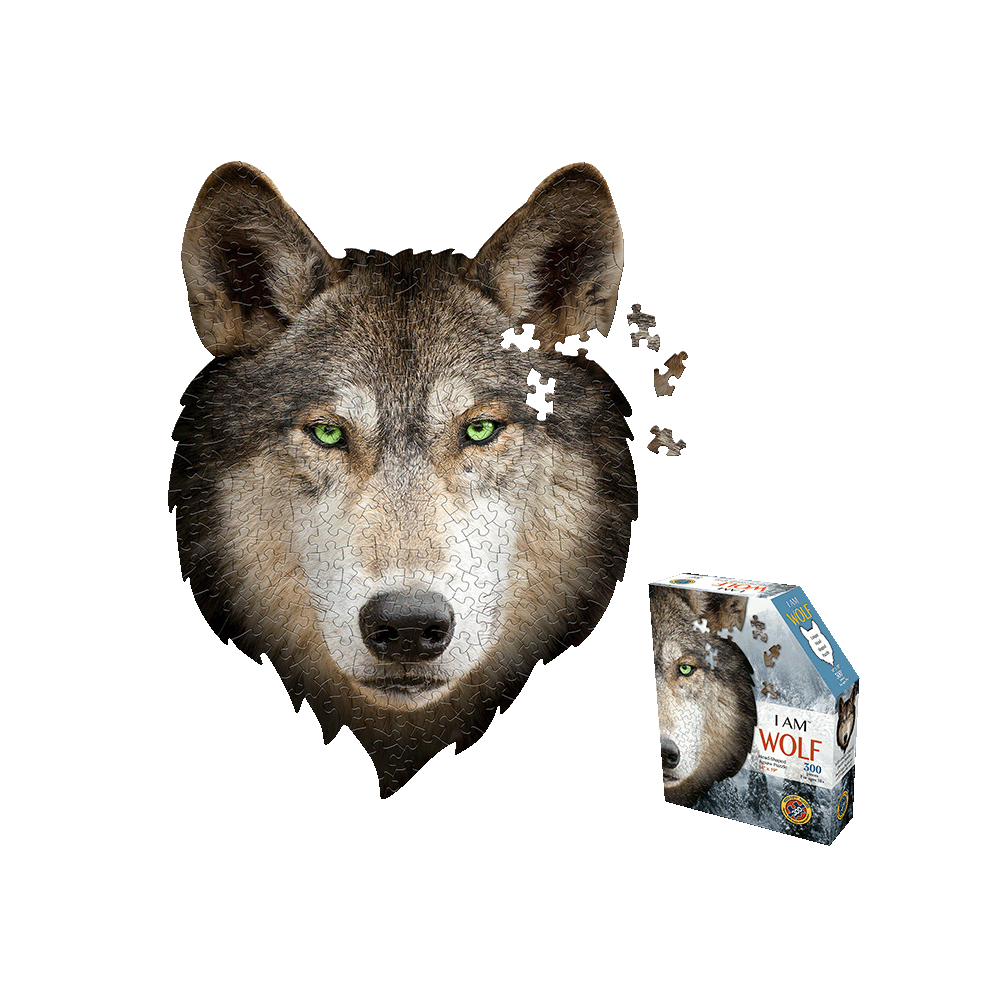 I AM WOLF 300-piece jigsaw puzzle showing wolf head with green eyes and scattered puzzle pieces, with product box displayed