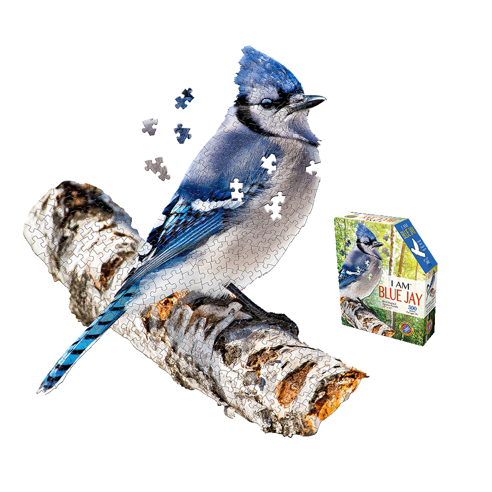 Madd Capp Blue Jay 300-piece jigsaw puzzle showing assembled blue jay bird-shaped puzzle on branch with loose pieces and product box
