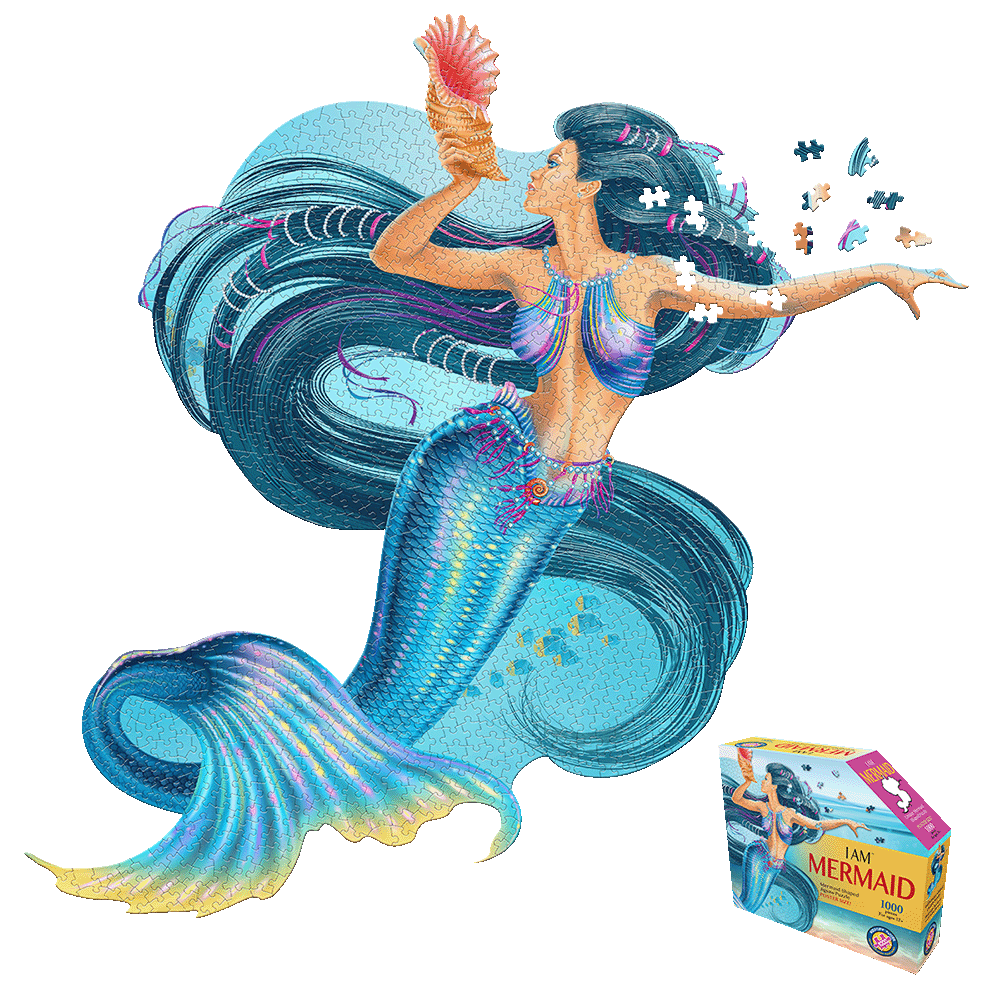 Madd Capp Mermaid-Themed Jigsaw Puzzle showing a mermaid with long flowing teal and dark blue hair and a colorful scaled tail, with loose puzzle pieces scattere