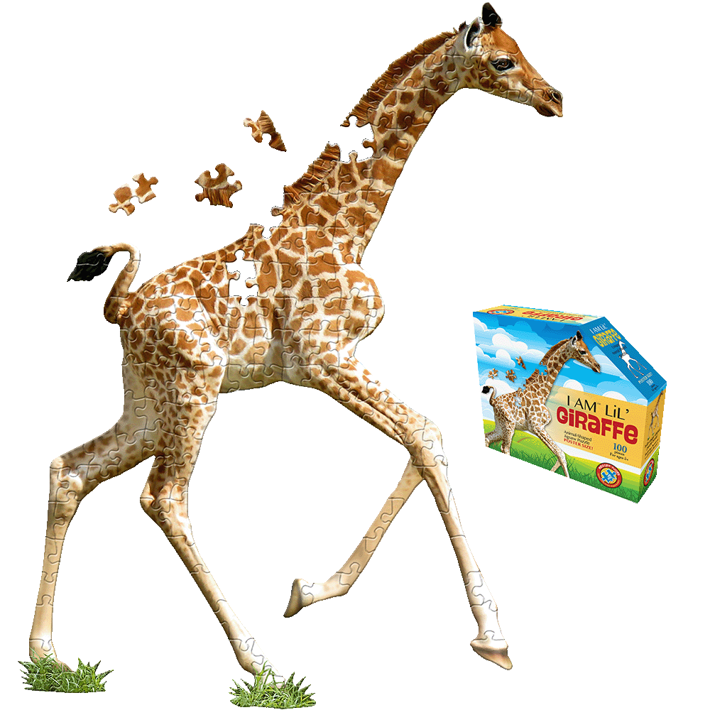 I AM Lil' Giraffe 100-piece jigsaw puzzle showing tan giraffe with brown spots on white background, with loose puzzle pieces and product box displayed