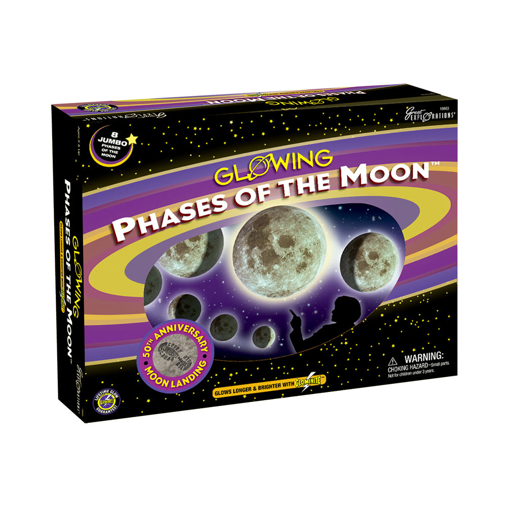 Glowing Phases of the Moon science kit box showing eight glowing moon phase models against a purple and black starry background, 50th anniversary edition