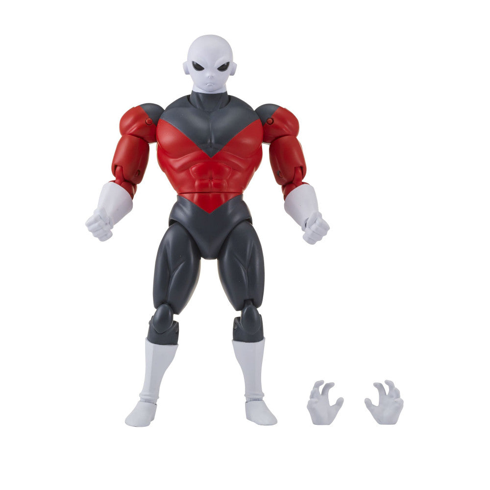 Jiren action figure with white head, red and black muscular torso, black legs, and white feet, shown with two alternate hand pieces