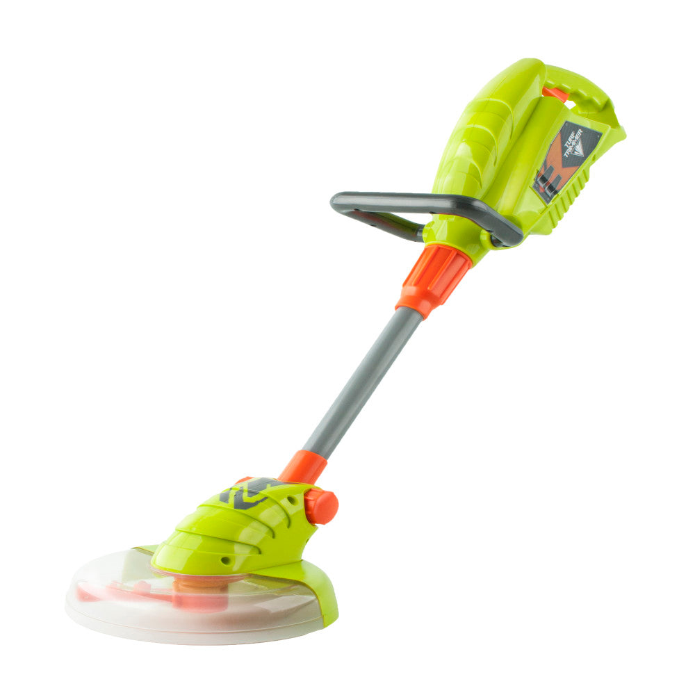 Lime green and orange toy weed trimmer with extended shaft, rotating cutting head on wheeled base, and product label on upper housing