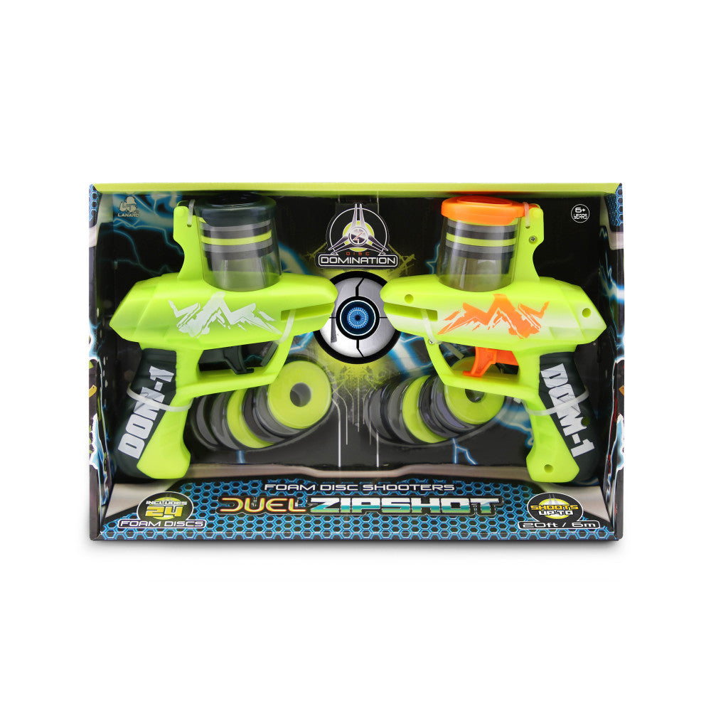 Neon yellow foam disc shooter toy set with two controllers, orange accents, gray wheels, and central target; packaged in retail box labeled Duel Zip Shot