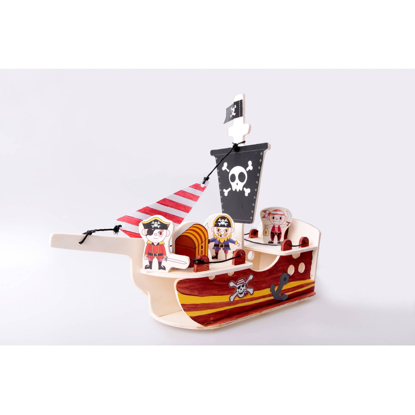 Wooden pirate ship playset with red and cream hull, black skull-and-crossbones sail, pirate character figures, treasure chest, and accessories on plain backgrou