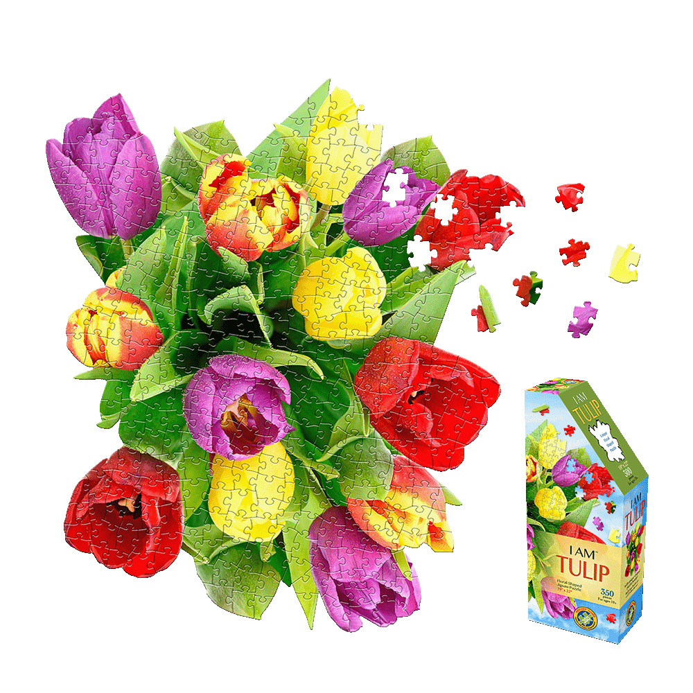 Madd Capp I AM Tulip 350-piece jigsaw puzzle showing colorful tulip-shaped puzzle pieces assembled into a bouquet of red, pink, yellow, and purple flowers with