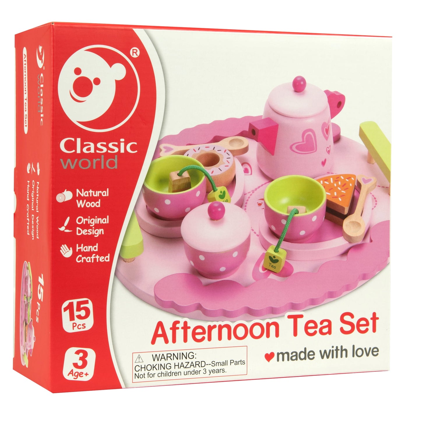 Classic World Deluxe Wooden Afternoon Tea Playset with pink teapot, cups, plates, and wooden food pieces on a pink cloud-shaped base