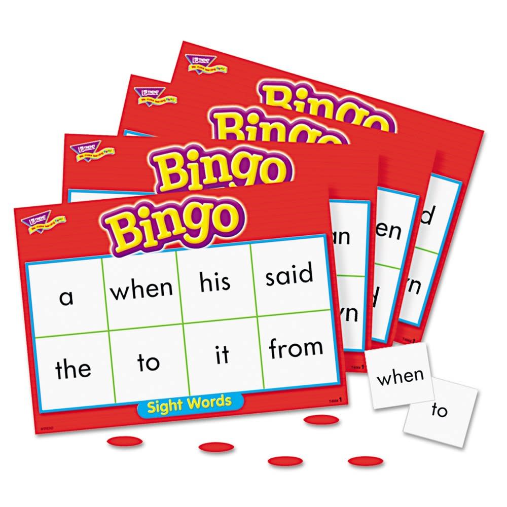 Sight Words Bingo game set with red bingo cards featuring yellow and purple title text, grid squares with words like 'a', 'when', 'his', 'said', 'the', 'to', 'i
