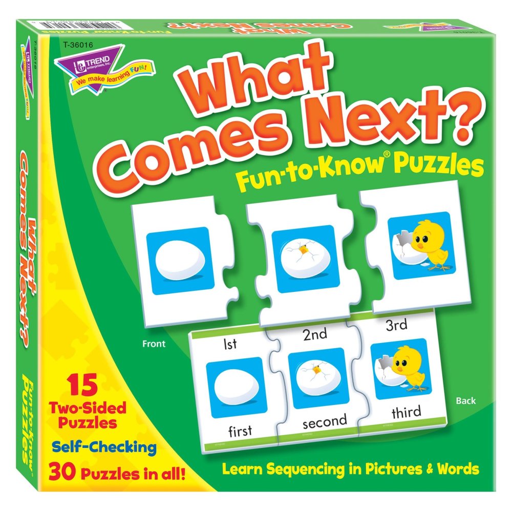 What Comes Next? Fun-to-Know Puzzles box showing sequencing puzzle pieces with images of eggs hatching into a yellow chick, labeled Front, 1st, 2nd, 3rd and Bac