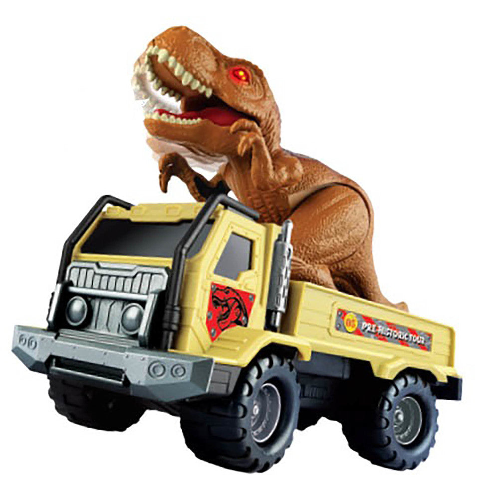 Brown T-Rex dinosaur figure mounted on yellow and black truck with light and sound features