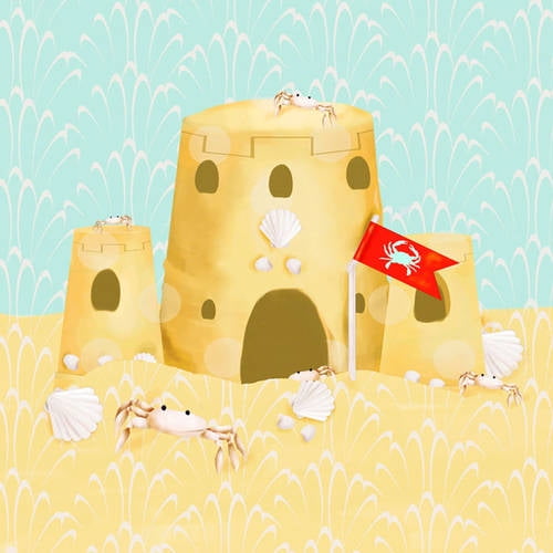 Illustrated sandy castle with yellow towers, round windows, and a red crab flag, surrounded by shells and crabs on a beach with teal water backdrop