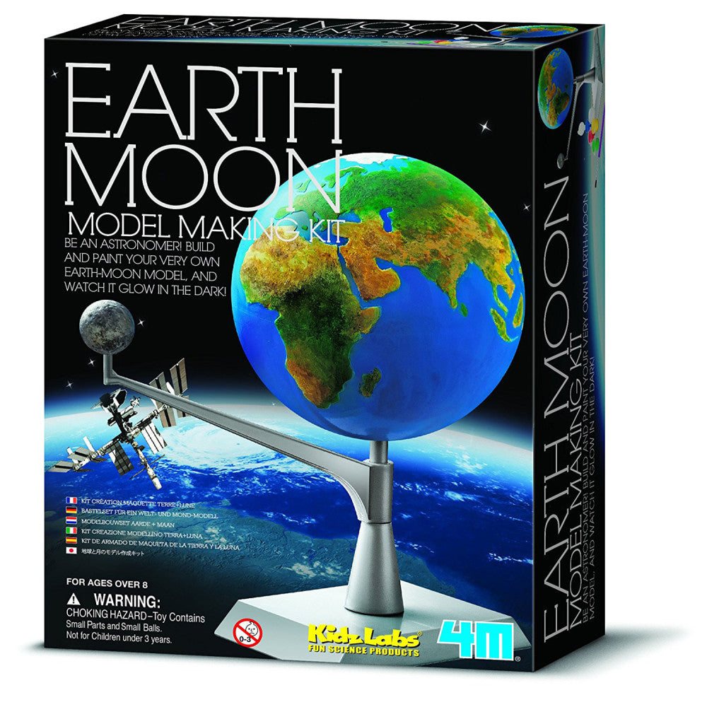 Earth and Moon Model Making Kit box showing a glowing Earth globe on stand with moon above, space background, and astronaut satellite; for ages 8+