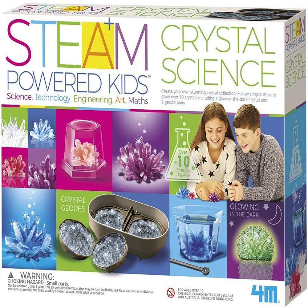 STEAM Powered Kids Crystal Science kit box showing colorful grown crystals, crystal geodes, glowing-in-the-dark crystal, and two children on model examining the