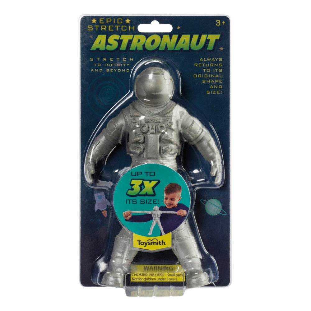 Epic Stretch Astronaut stretch toy in silver with detailed spacesuit design on packaging, stretches up to 3x its size