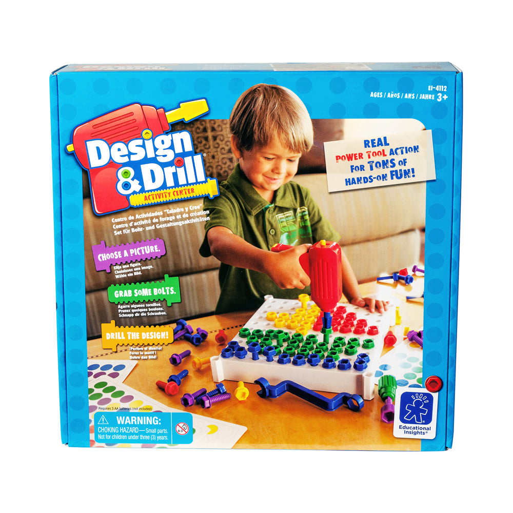 Child modeled with Design & Drill Activity Center, red power drill toy, and colorful pegs and bolts on white pegboard on wooden table