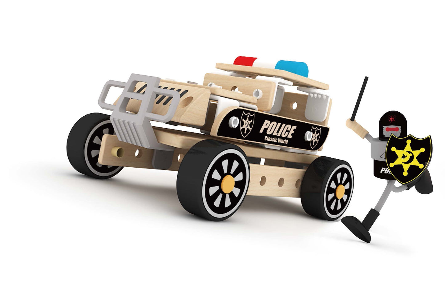 Wooden police vehicle playset with natural wood construction, black and white wheels, gray accents, red and blue roof details, and matching police officer figur