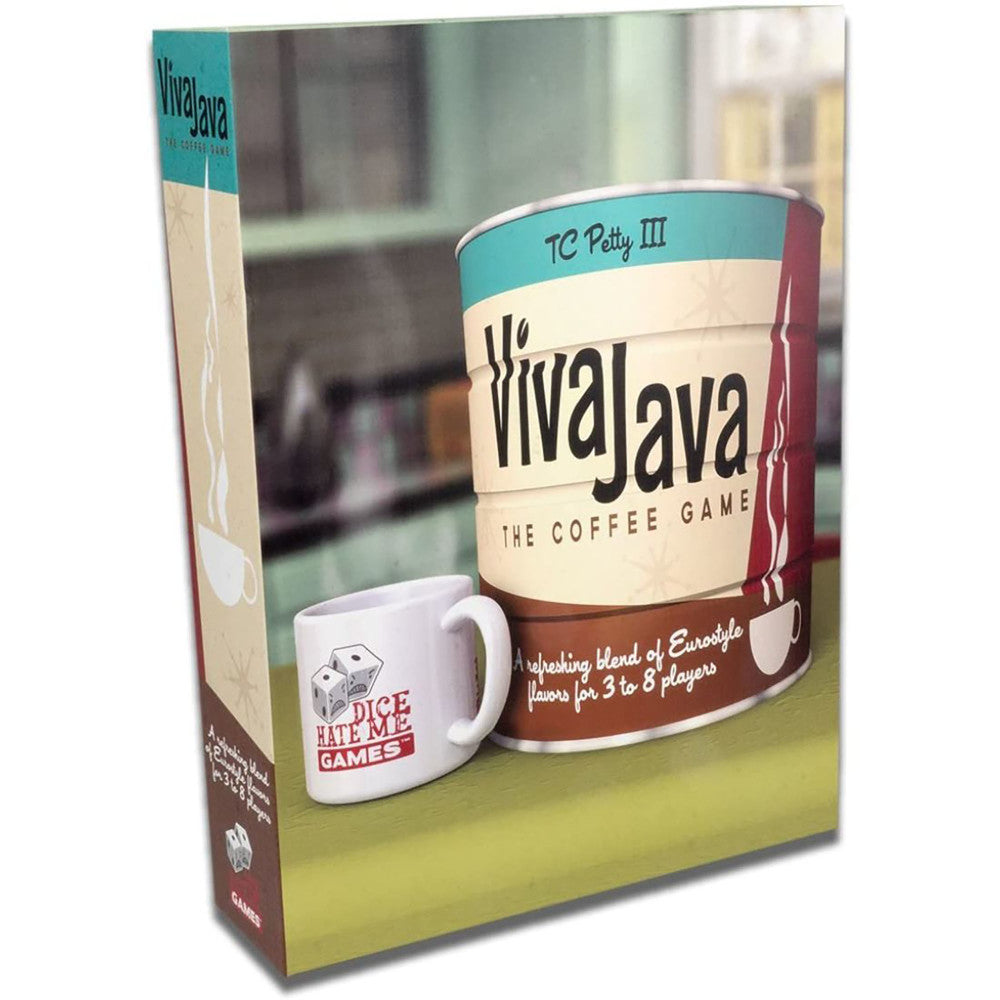 VivaJava: The Coffee Game board game box showing large coffee can and mug with dice on yellow-green background