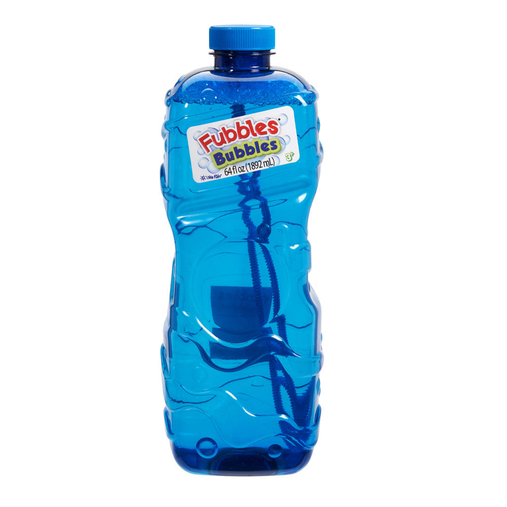 Fubbles bubble solution bottle, 64 oz, bright blue liquid with blue cap on plain white background