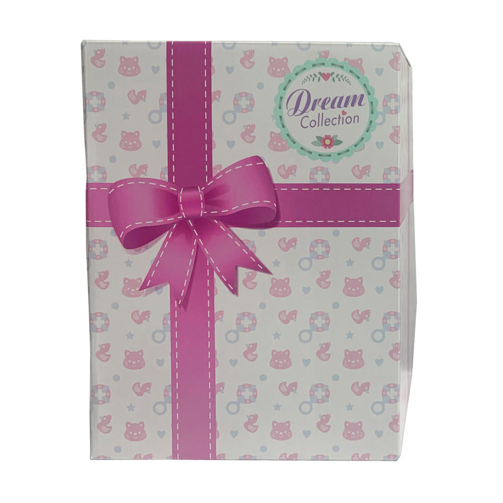Dream Collection packaging with cat and animal print, pink ribbon bow, and green circular logo badge