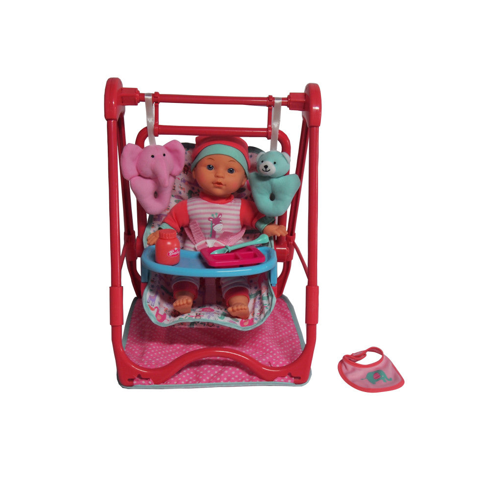 Dream Collection 12" Baby Doll 4-in-1 High Chair Play Set with baby doll in red outfit, pink elephant plush, turquoise bear, accessories, and red high chair wit