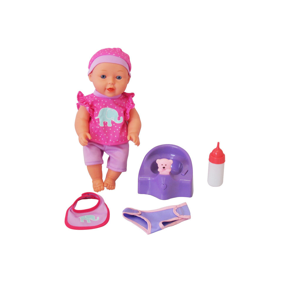 12-inch baby doll with pink polka-dot top and purple headband, shown with purple potty chair, pink bib, bottle, and purple diaper accessory