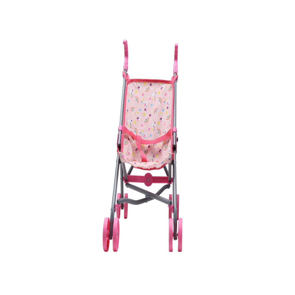 Pink doll stroller with gray frame and rainbow-and-star patterned fabric seat, shown from front view against plain background