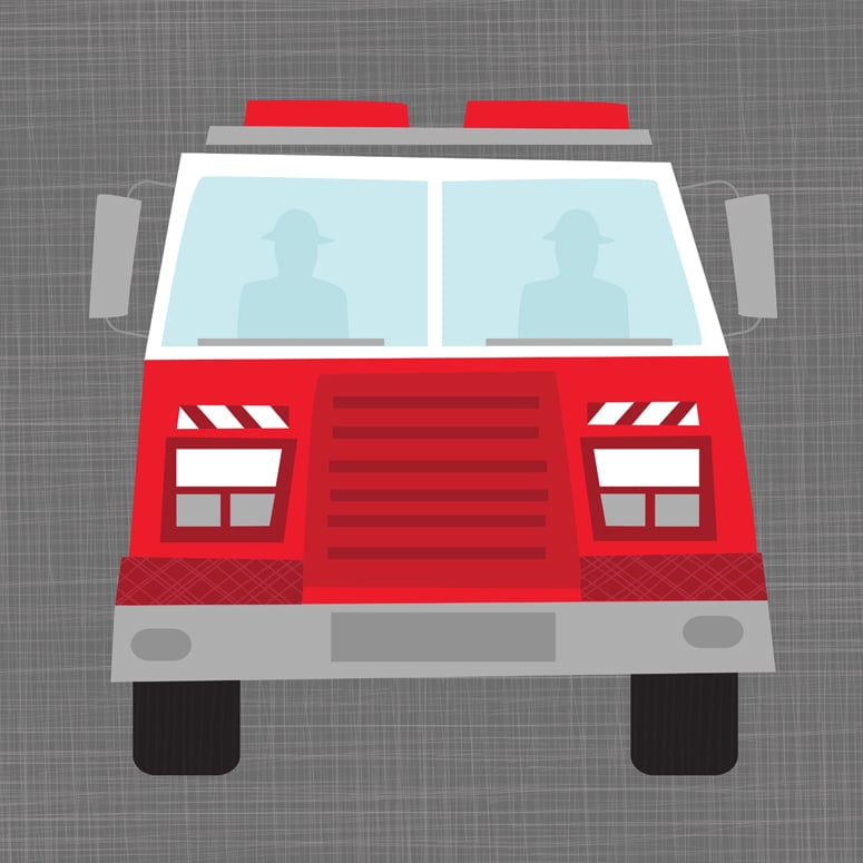 Red and white illustrated fire truck with light bar, windshield, headlights, and grille on gray textured background