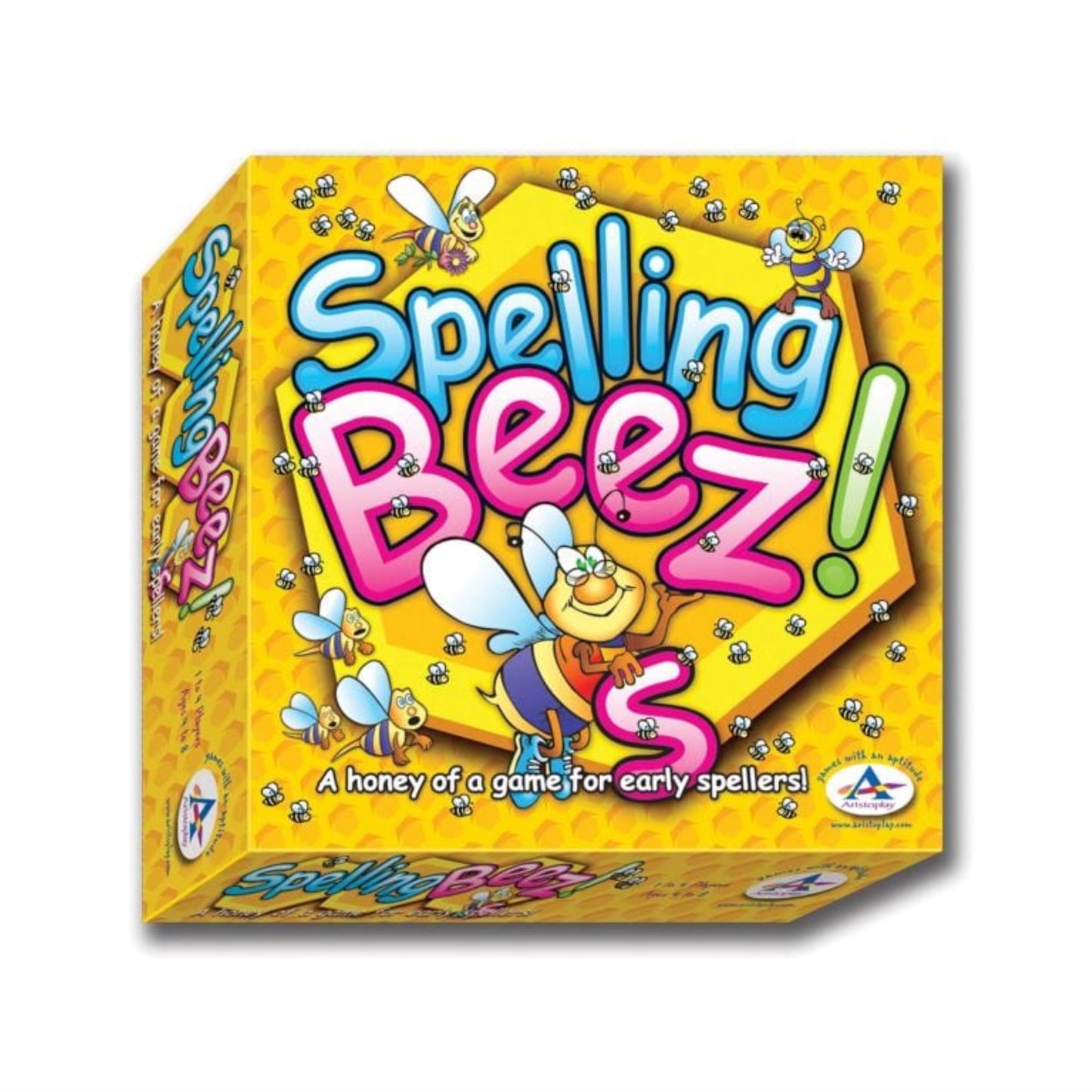 Spelling Beez board game box with yellow background, pink and blue title text, cartoon bees and bee character, tagline 'A honey of a game for early spellers!'