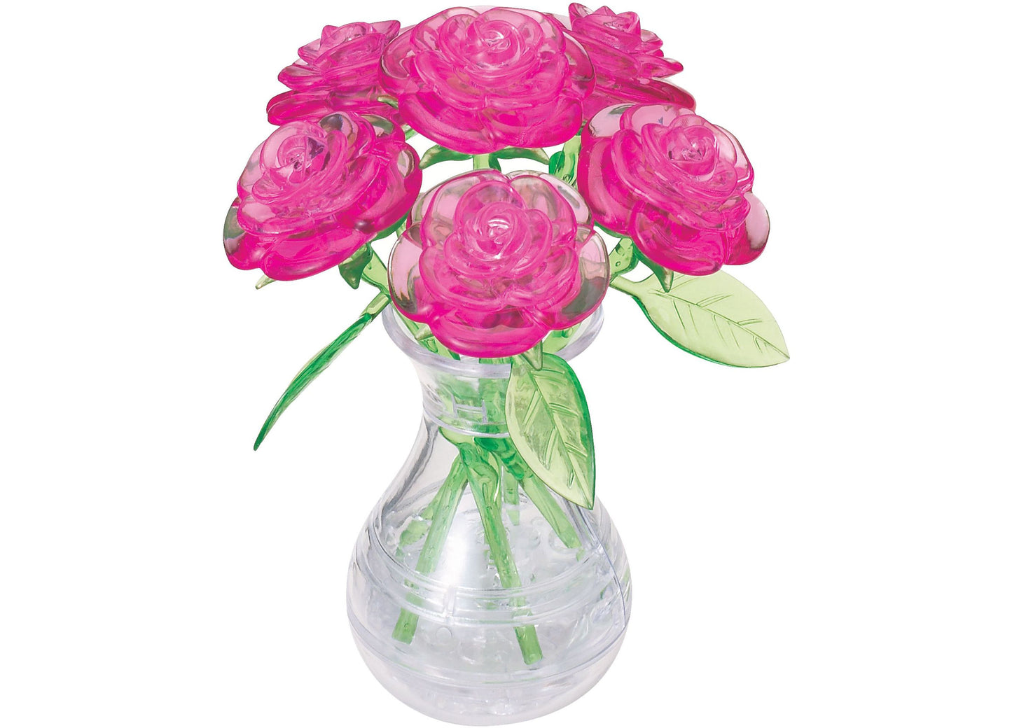 3D crystal puzzle of pink roses in a clear glass vase with green stems and leaves