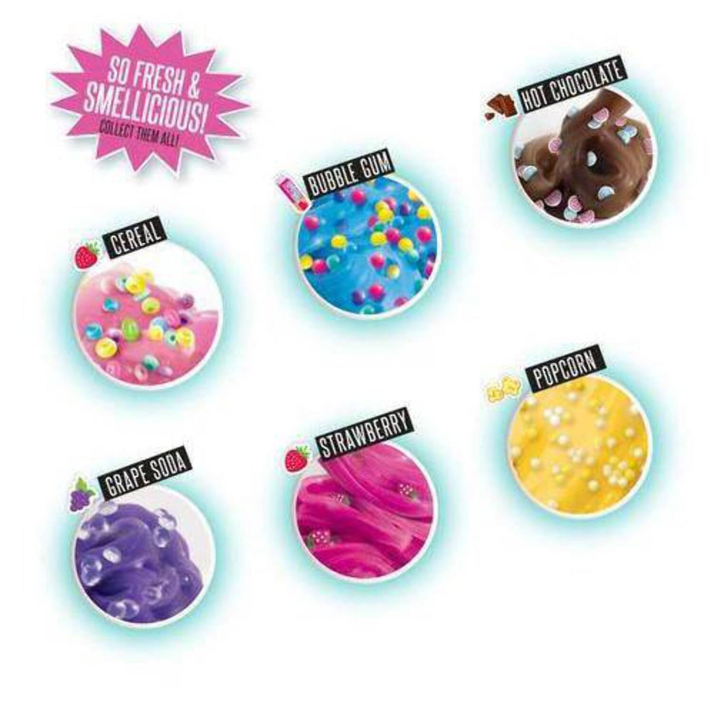 Six colorful scented slime varieties labeled Cereal, Bubble Gum, Hot Chocolate, Grape Soda, Strawberry, and Popcorn, each in a circular container with sample be