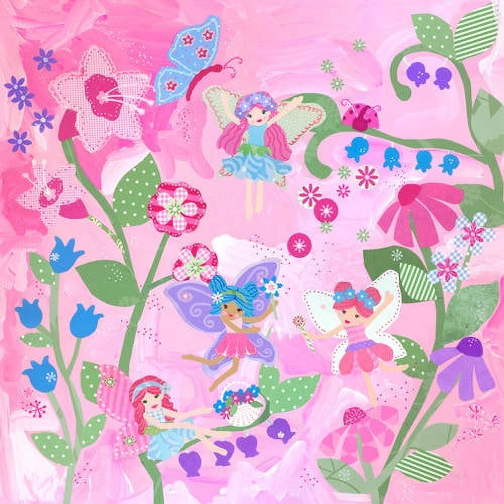 Flower Fair decorative canvas art featuring fairies among colorful flowers, green stems, and leaves on a pink background