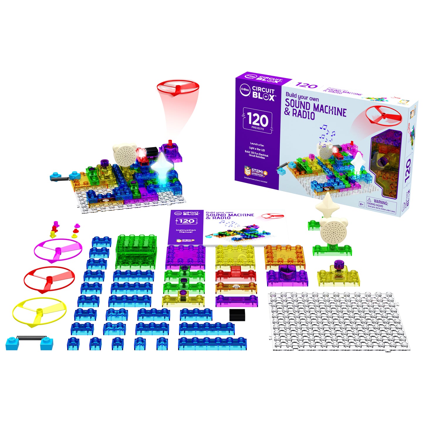 Circuit Blox 120 STEM building set with 120 projects, including colorful translucent blocks, circuit components, speaker, and instruction manual displayed with