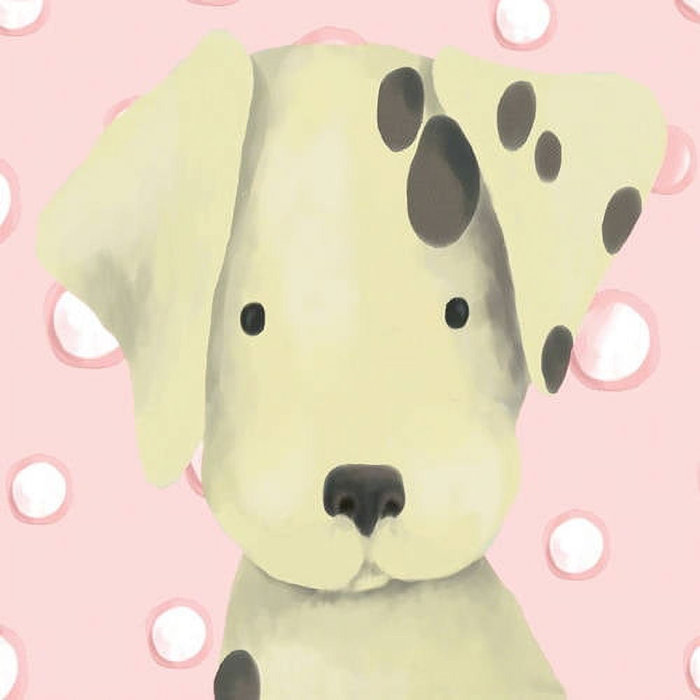 Cream-colored plush puppy with black paw pads and nose on pink polka dot background