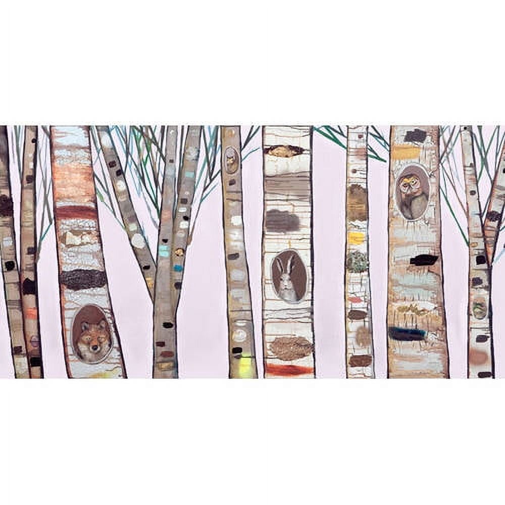 Whimsical Birch Trees canvas art featuring vertical white and gray birch tree trunks with illustrated forest animals including foxes, rabbits, owls, and birds a