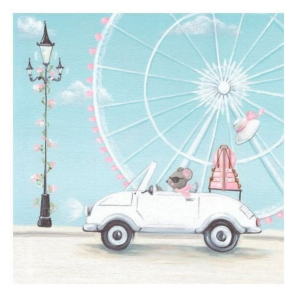 Whimsical illustration of a white vintage-style car loaded with pink luggage and a teddy bear, parked beneath a Ferris wheel and ornate street lamp with pink fl